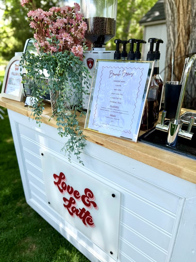 The Love and Latte cart and drinks at a recent event.