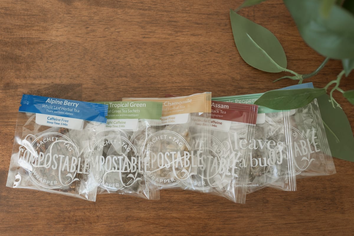 A selection of herbal tea sachets laid out on the cart.
